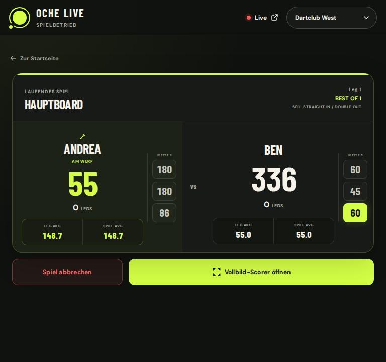 OCHE LIVE Scorer auf einem Tablet während eines X01-Matches